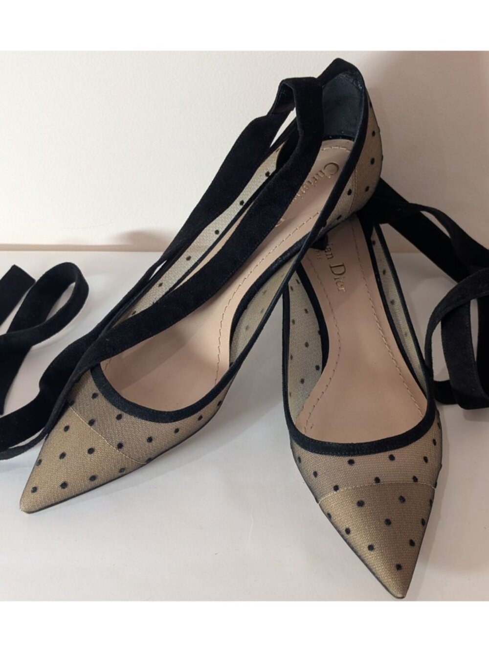 Christian Dior Black Mesh Suede Polka Dot Kitten Heel Pumps, Size 38
